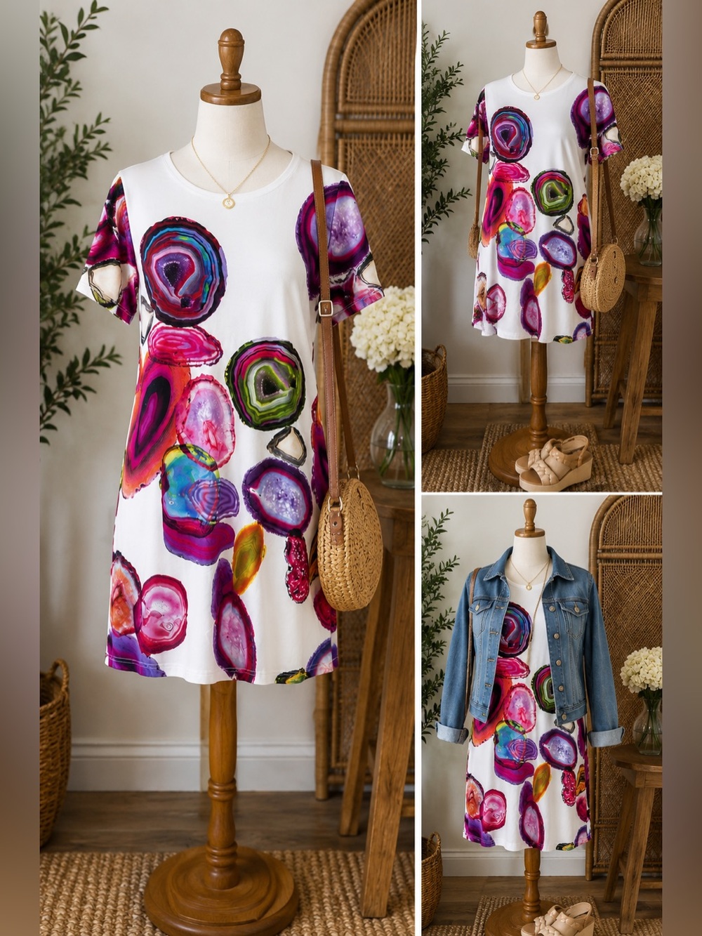 Uncle Frank White Dress with Multicolor Geode Print